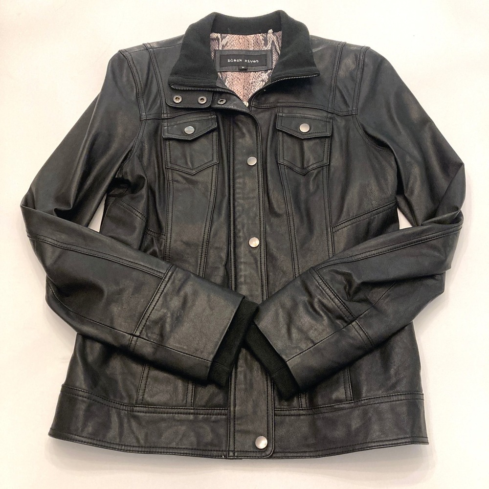 Black Rivet Black Leather Jacket Womens Medium Mid Length Zip Snap Close